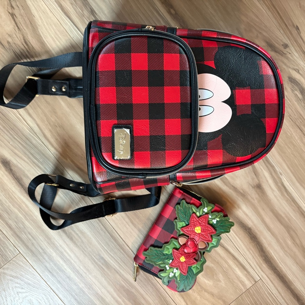 Disney Red and Black Checkered Backpack with Floral Wallet